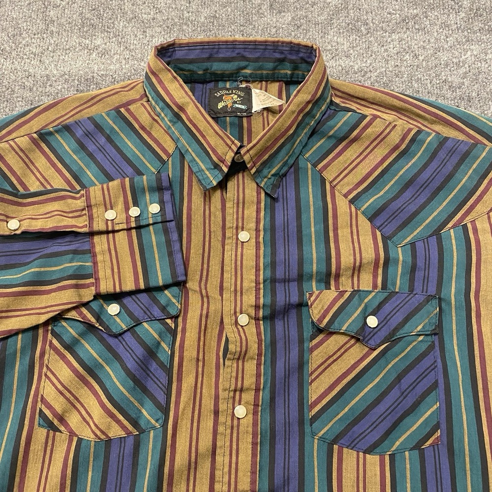 Vintage 90s Key Saddle King Western Striped Pearl Snap Shirt Mens 2XL Cowboy